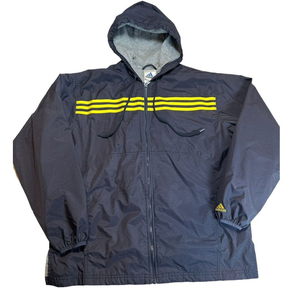 Adidas Mens Large Navy Wind Breaker Full Zip Hoodie‎ Jacket Drawstring Pockets